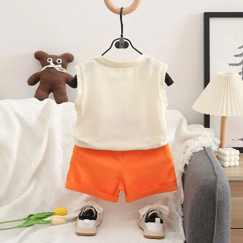 Children Cotton Pumpkin Vestsuit Orange Shorts Set - Image 4