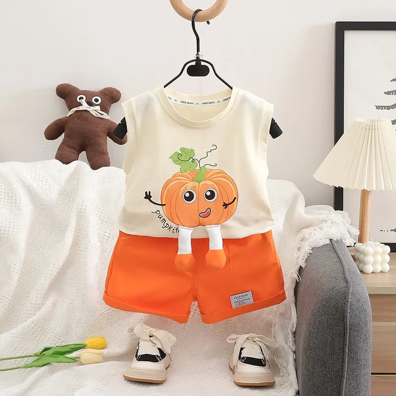 Children Cotton Pumpkin Vestsuit Orange Shorts Set - Image 5