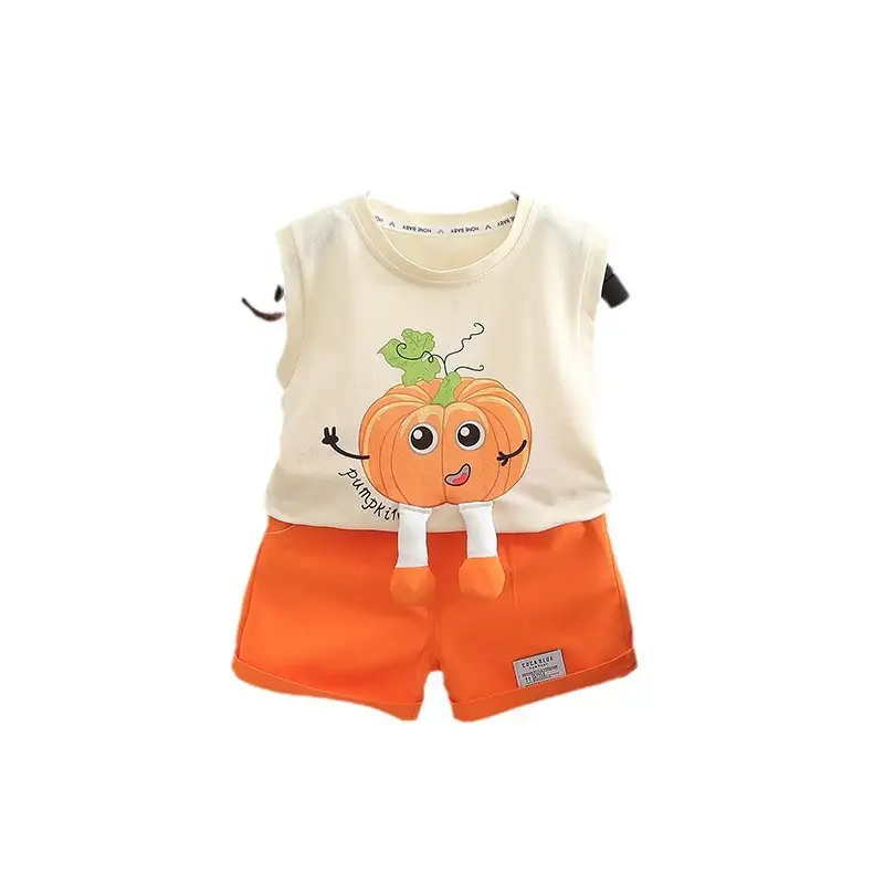Children Cotton Pumpkin Vestsuit Orange Shorts Set - Image 6