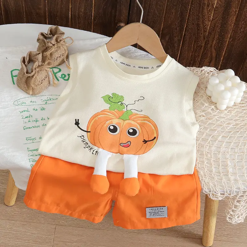 Children Cotton Pumpkin Vestsuit Orange Shorts Set — feature 1
