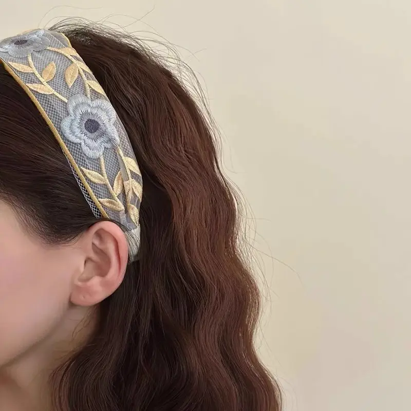 New Chinese Embroidered Flower Headband Women's Cotton Linen Wide Brim Hoop - Image 23