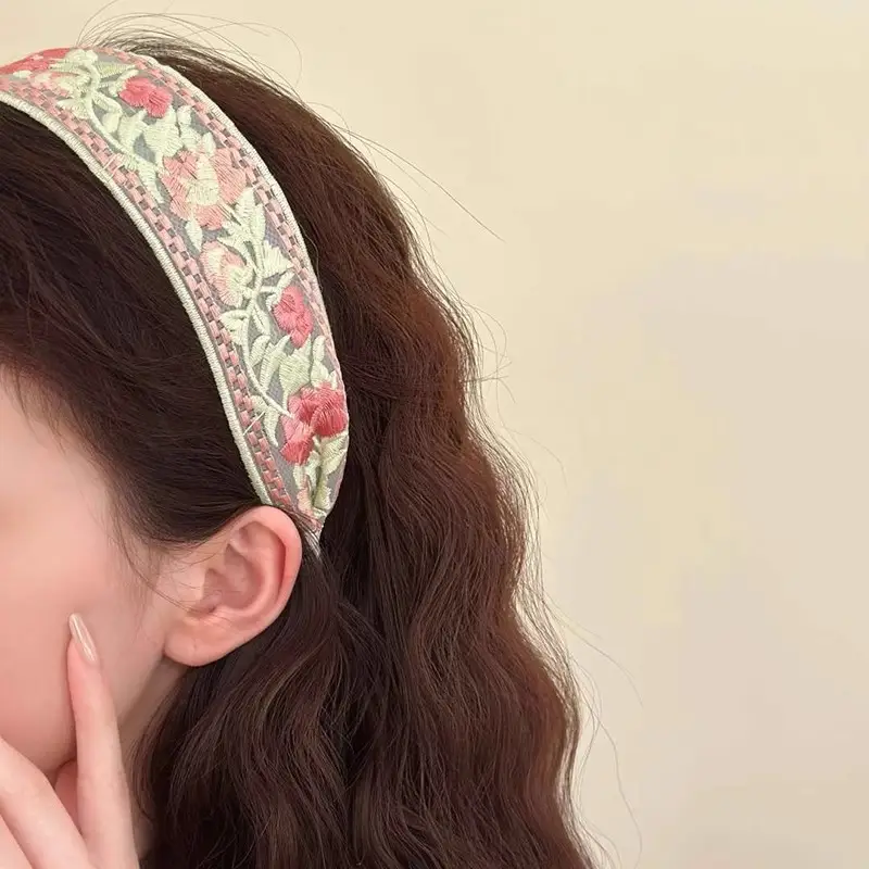 New Chinese Embroidered Flower Headband Women's Cotton Linen Wide Brim Hoop — feature 2