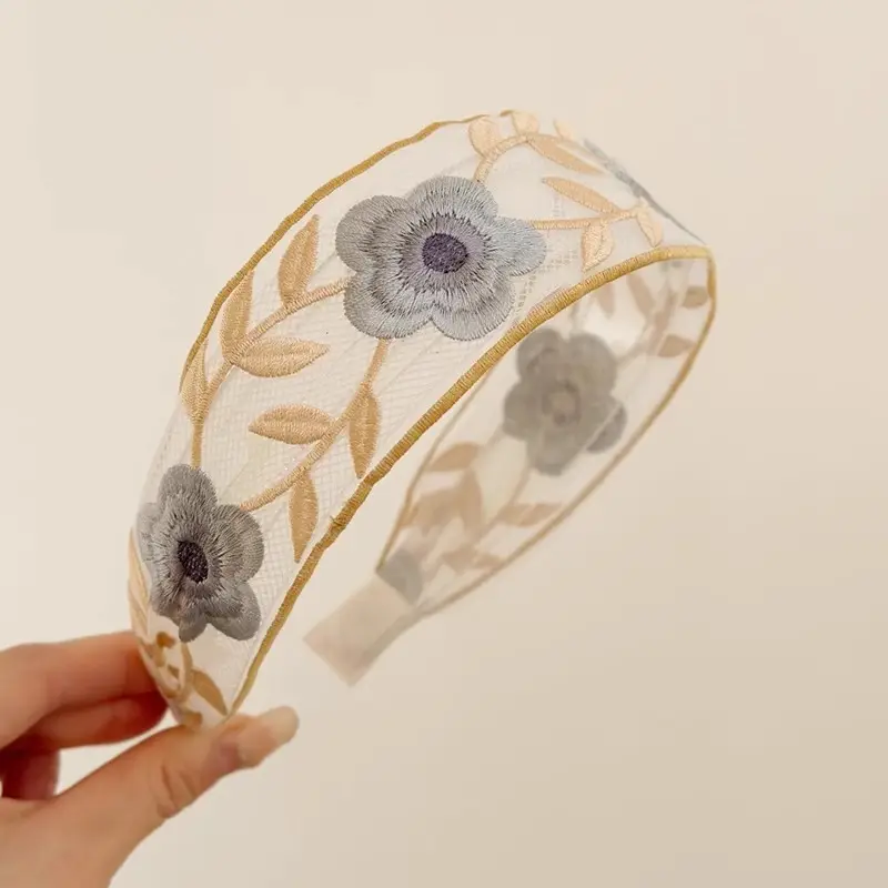 New Chinese Embroidered Flower Headband Women's Cotton Linen Wide Brim Hoop — feature 5
