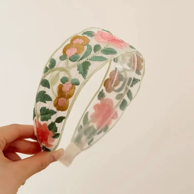 New Chinese Embroidered Flower Headband Women's Cotton Linen Wide Brim Hoop — feature 7