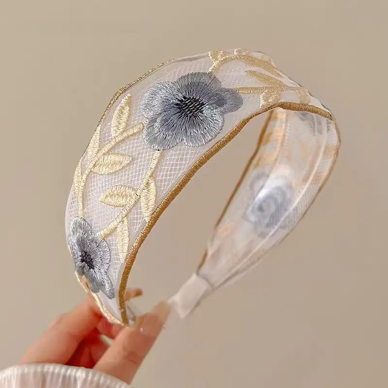 New Chinese Embroidered Flower Headband Women's Cotton Linen Wide Brim Hoop - Image 4