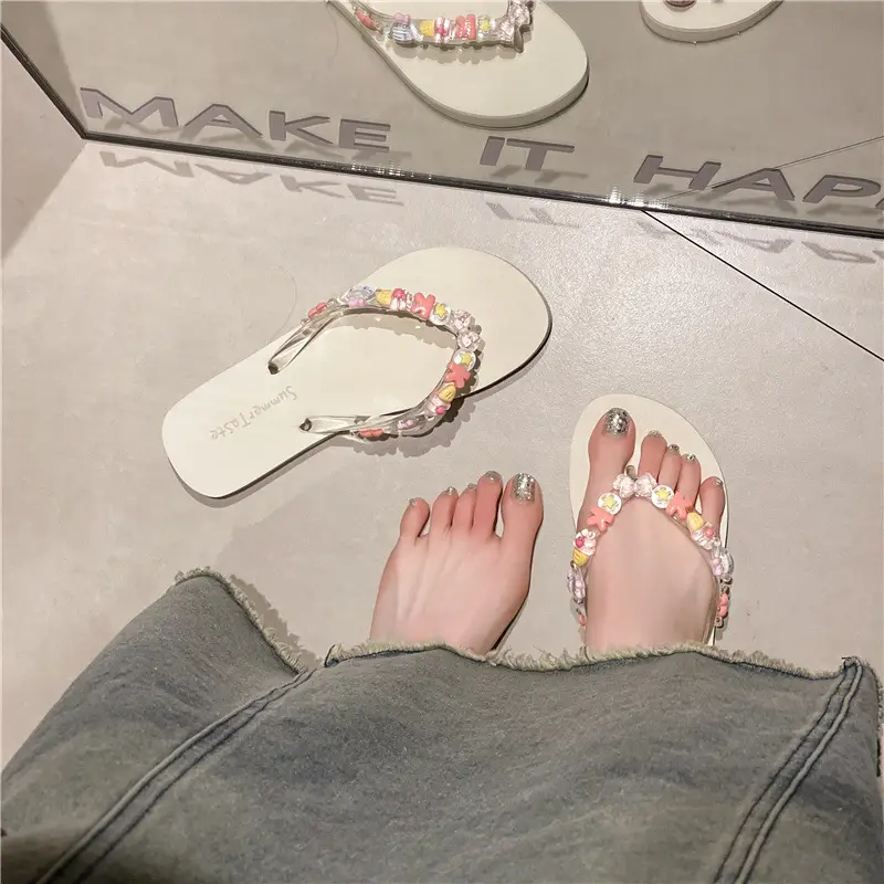 Flip-flops Women's Summer Indoor Beach Shoes for Seaside Wear Eva Dung-feeling Cute Bathing Transparent Flower Non-slip - Image 6