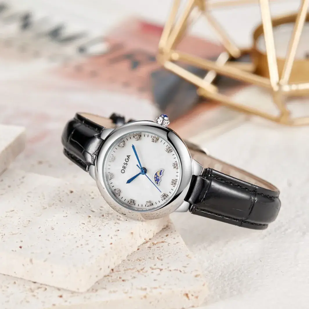 Ostraca Classic Diamond Watch for Women Black Leather Strap