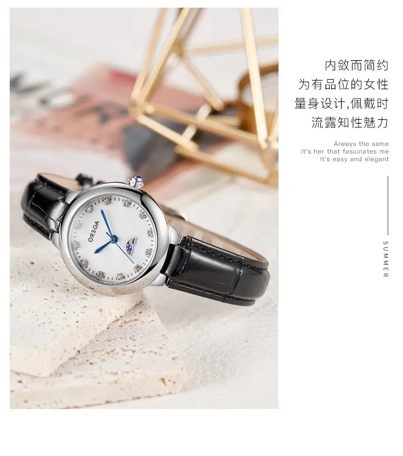 Ostraca Classic Diamond Watch for Women Black Leather Strap — feature 10