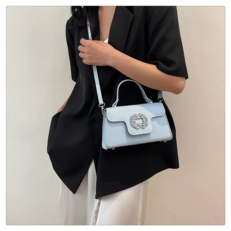 Women's Black Square Shoulder Crossbody Bag with Crystal Flower Decor - Image 7