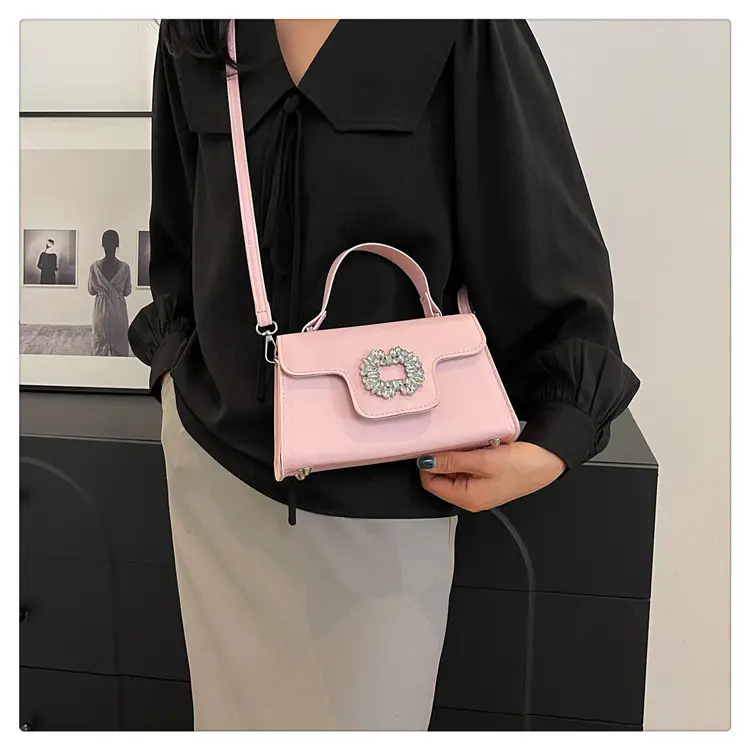 Women's Black Square Shoulder Crossbody Bag with Crystal Flower Decor - Image 8