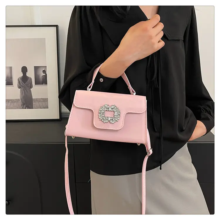 Women's Black Square Shoulder Crossbody Bag with Crystal Flower Decor — feature 14