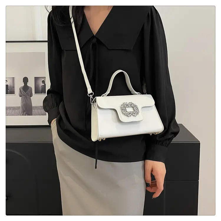 Women's Black Square Shoulder Crossbody Bag with Crystal Flower Decor — feature 16