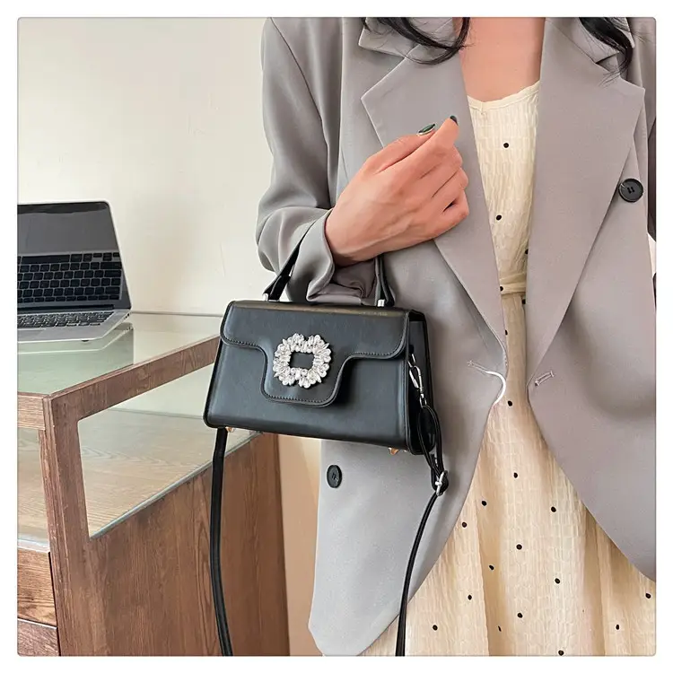 Women's Black Square Shoulder Crossbody Bag with Crystal Flower Decor — feature 20