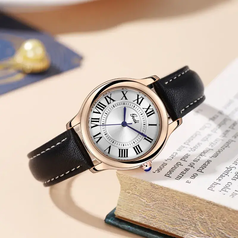 Gold European Roman Dial Women's Watch with Leather Strap - Image 8