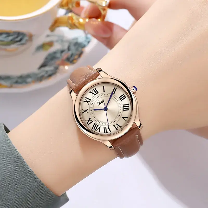 Gold European Roman Dial Women's Watch with Leather Strap - Image 9