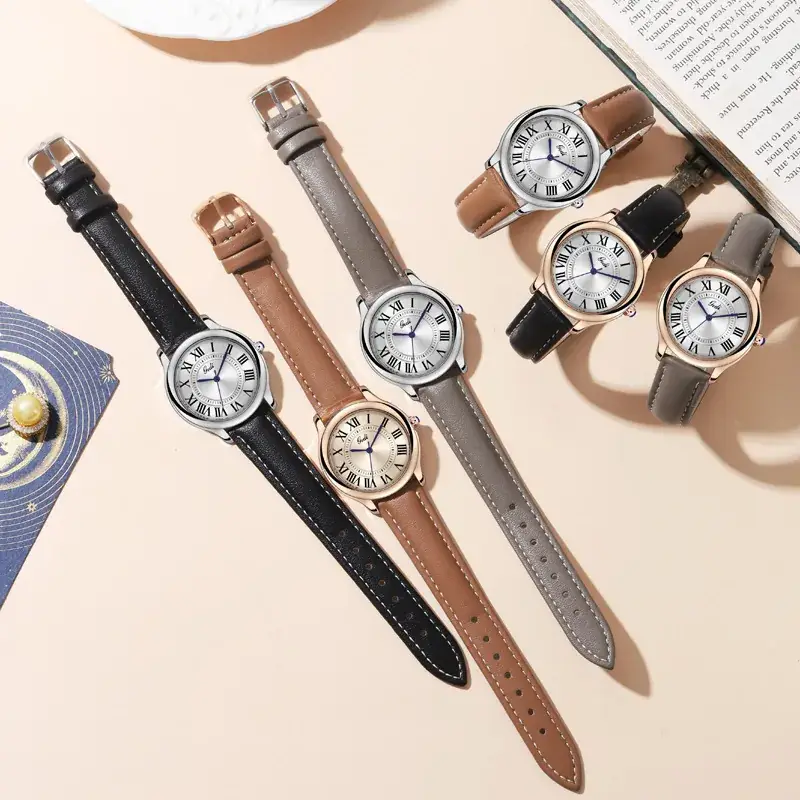 Gold European Roman Dial Women's Watch with Leather Strap - Image 10