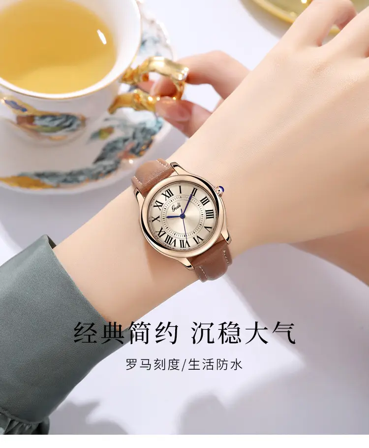 Gold European Roman Dial Women's Watch with Leather Strap — feature 2