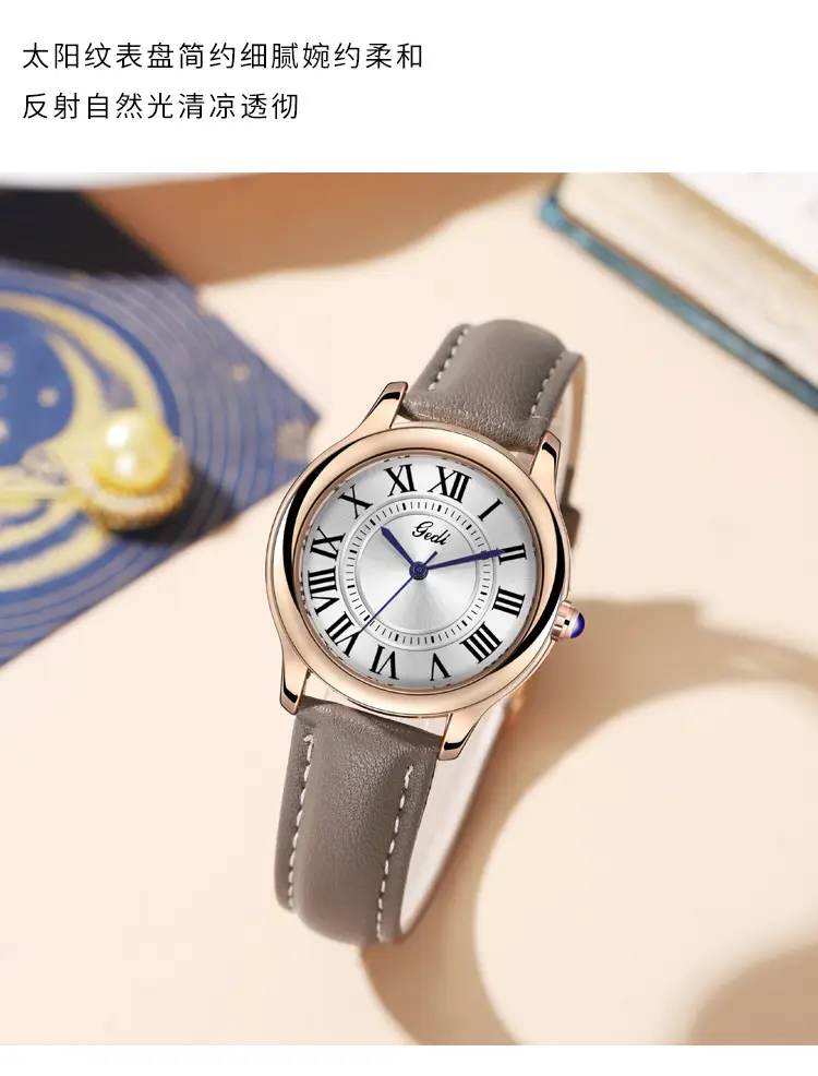 Gold European Roman Dial Women's Watch with Leather Strap — feature 5