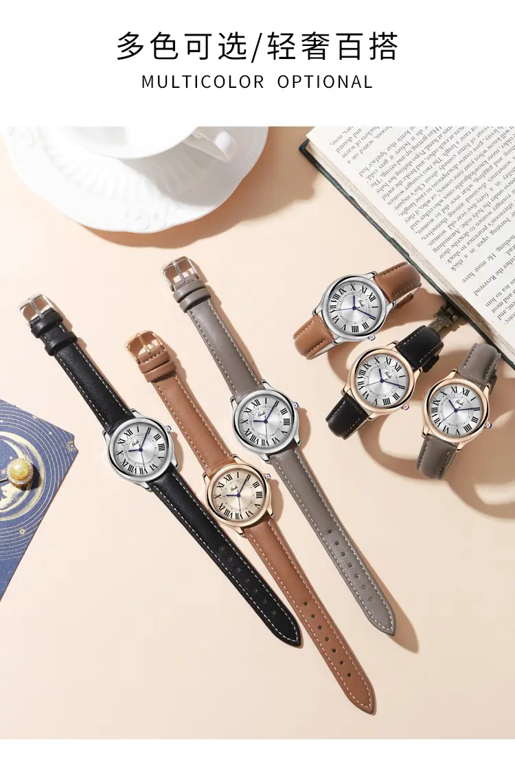 Gold European Roman Dial Women's Watch with Leather Strap — feature 6
