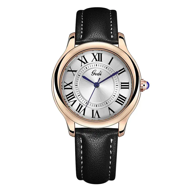 Gold European Roman Dial Women's Watch with Leather Strap - Image 3