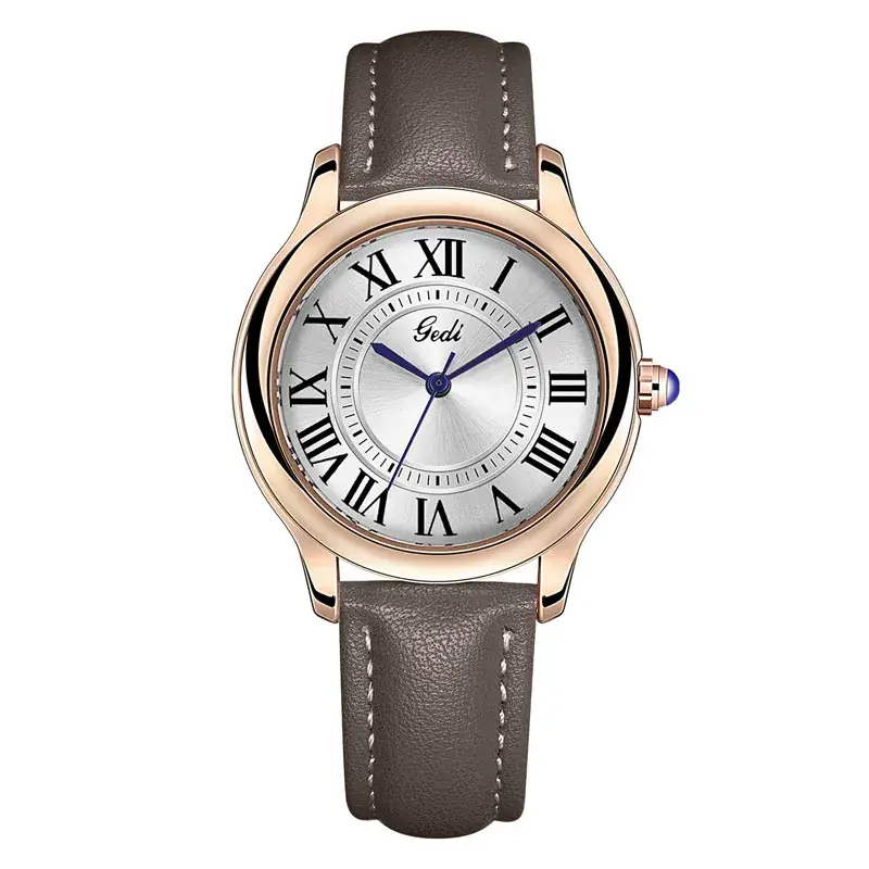 Gold European Roman Dial Women's Watch with Leather Strap - Image 5