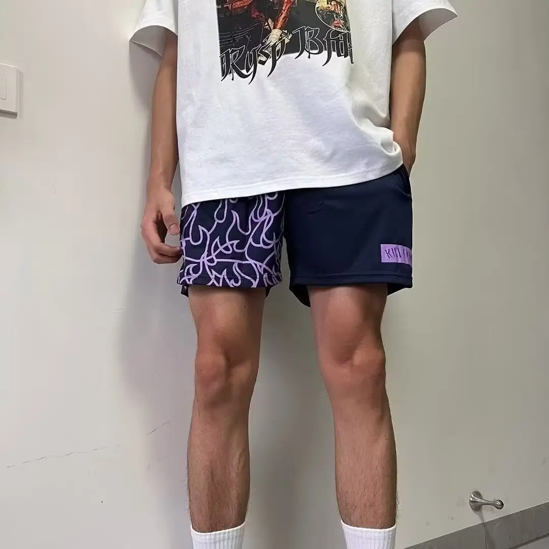 Men Flame Print Drawstring Shorts Black Purple