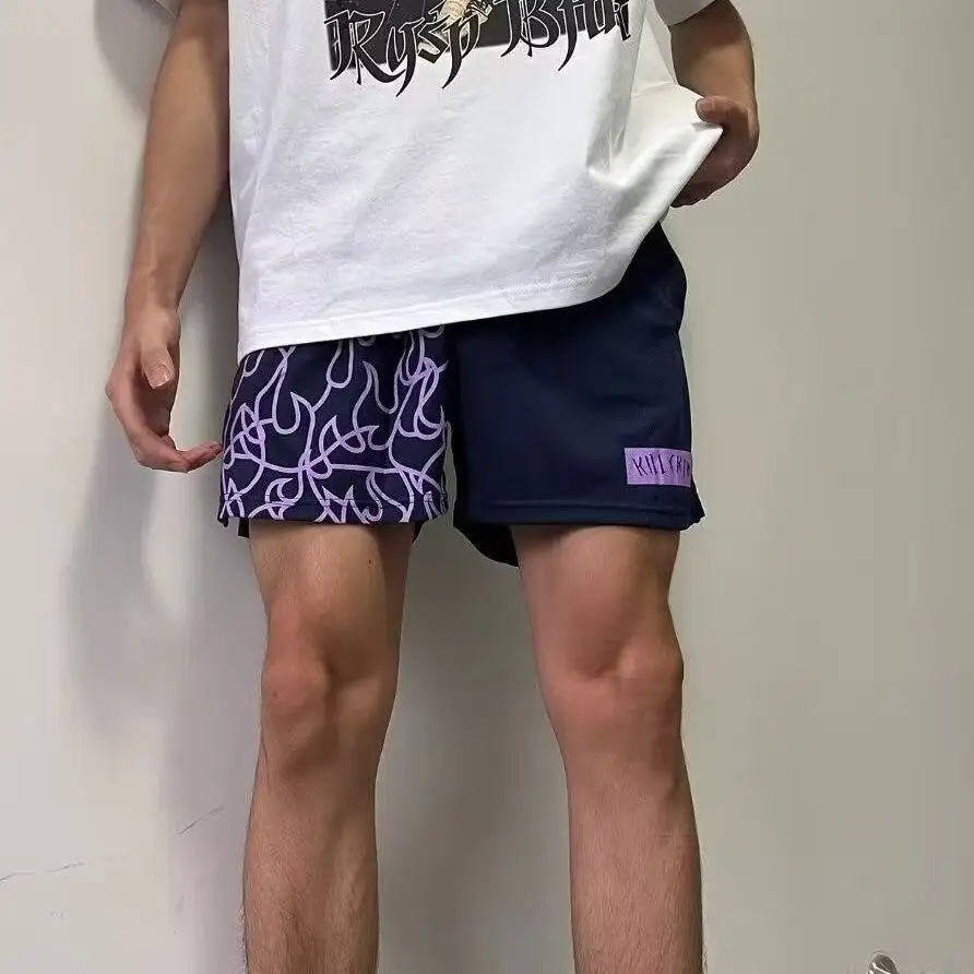 Men Flame Print Drawstring Shorts Black Purple