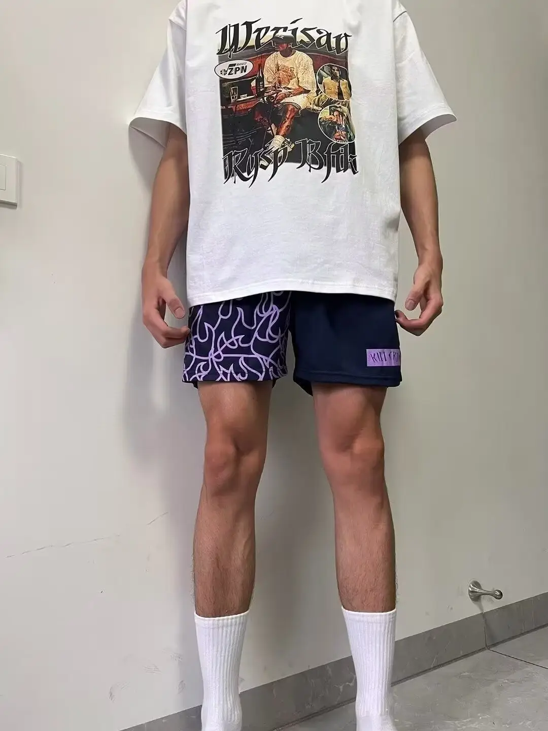 Men Flame Print Drawstring Shorts Black Purple — feature 10