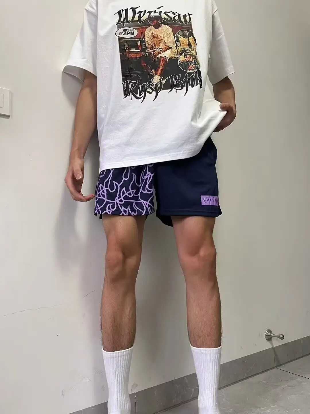 Men Flame Print Drawstring Shorts Black Purple — feature 3