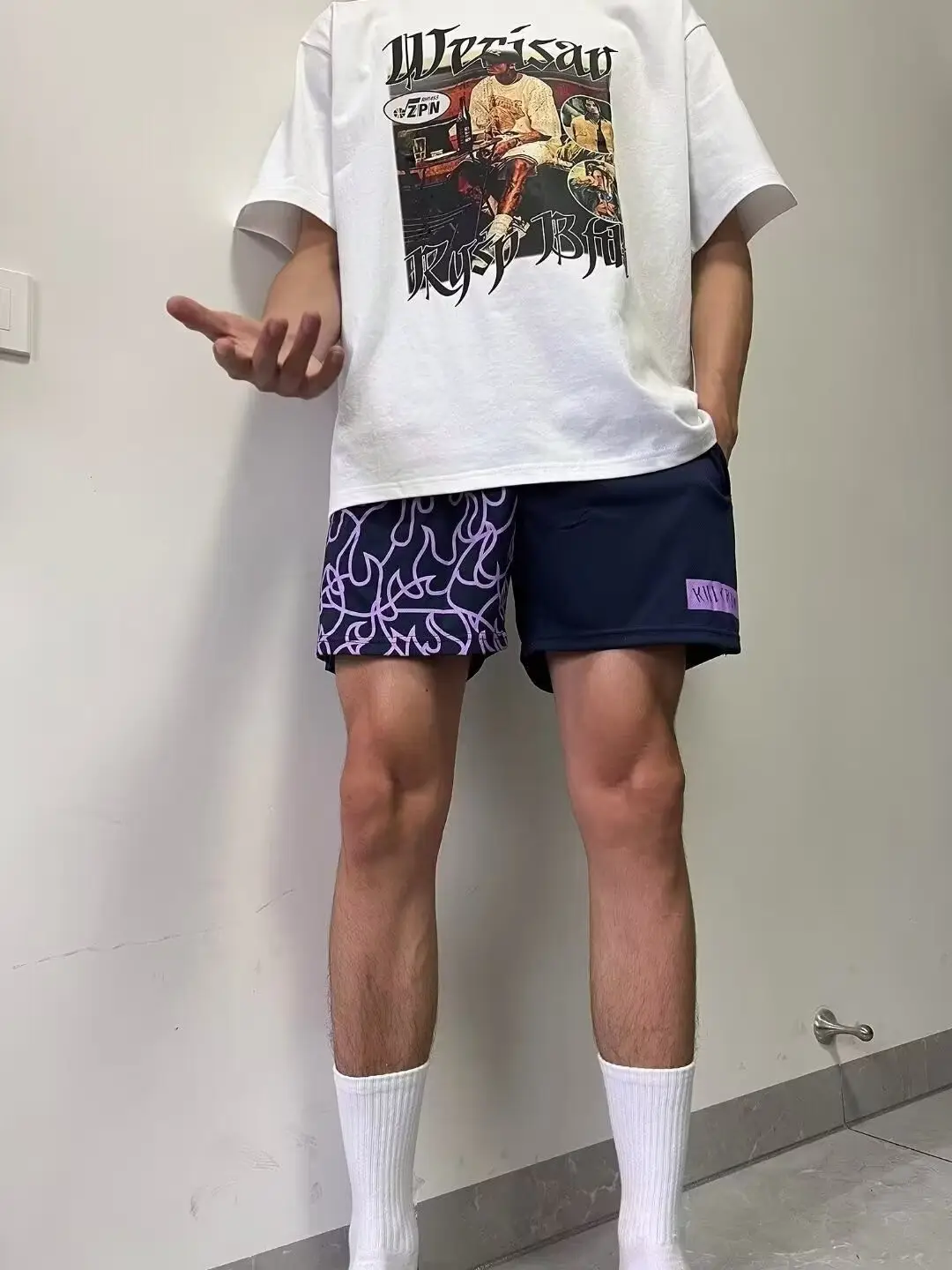 Men Flame Print Drawstring Shorts Black Purple — feature 4