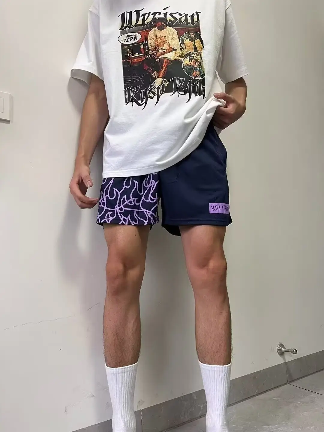 Men Flame Print Drawstring Shorts Black Purple — feature 5
