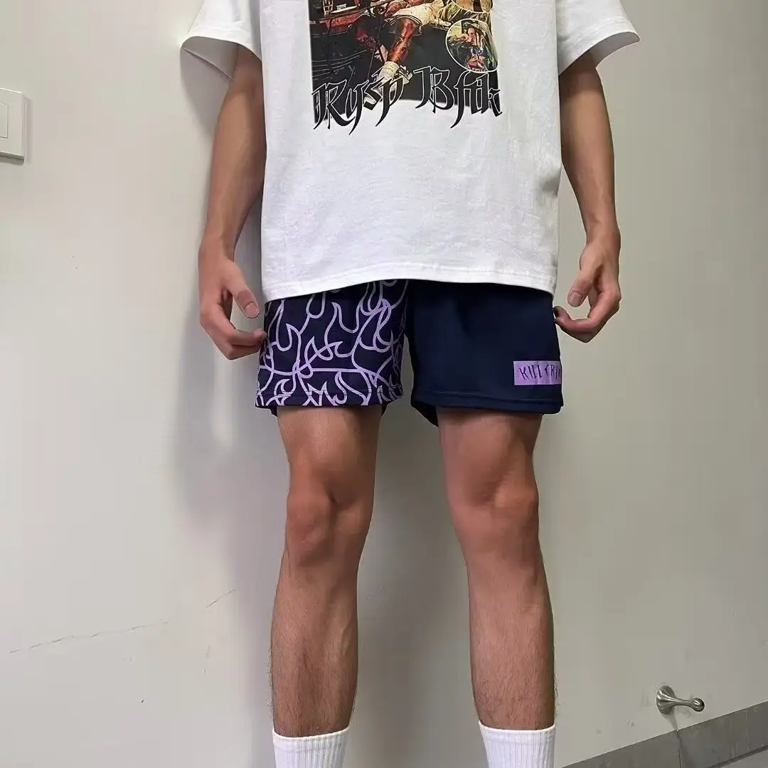 Men Flame Print Drawstring Shorts Black Purple — feature 7