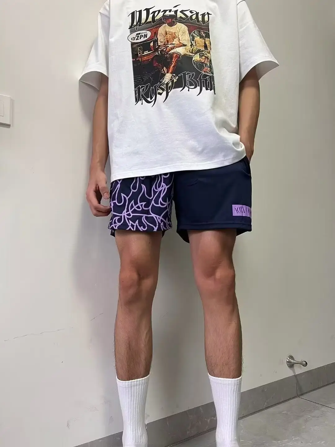 Men Flame Print Drawstring Shorts Black Purple — feature 8