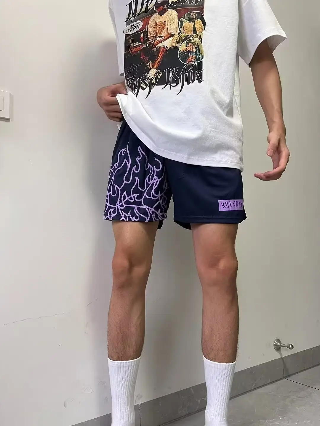 Men Flame Print Drawstring Shorts Black Purple — feature 9