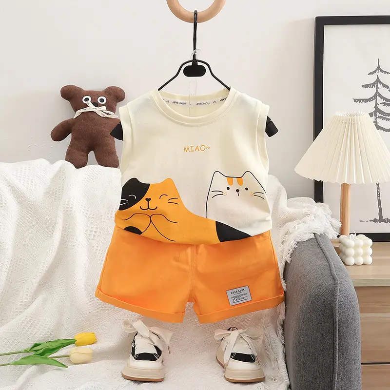 Children's Cat Print Vest Suit Cotton Summer White Orange - Image 4