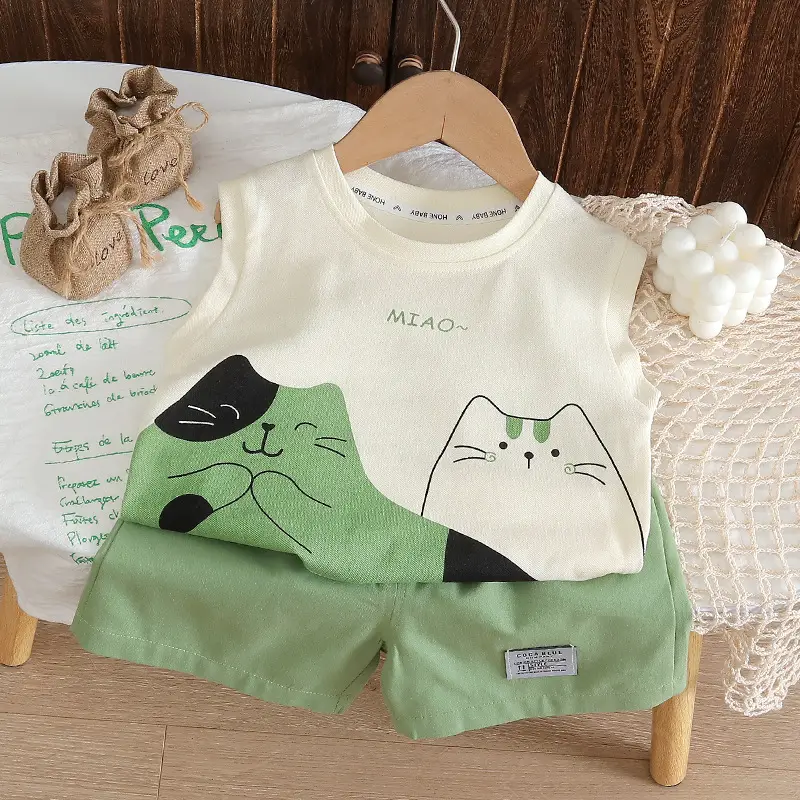 Children's Cat Print Vest Suit Cotton Summer White Orange - Image 6