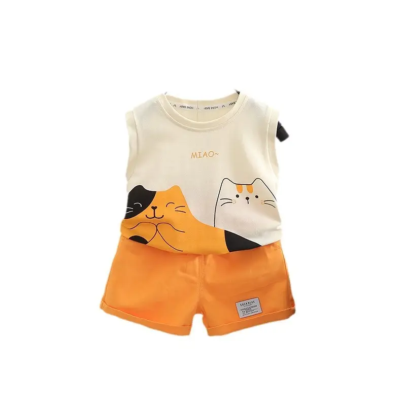 Children's Cat Print Vest Suit Cotton Summer White Orange - Image 7