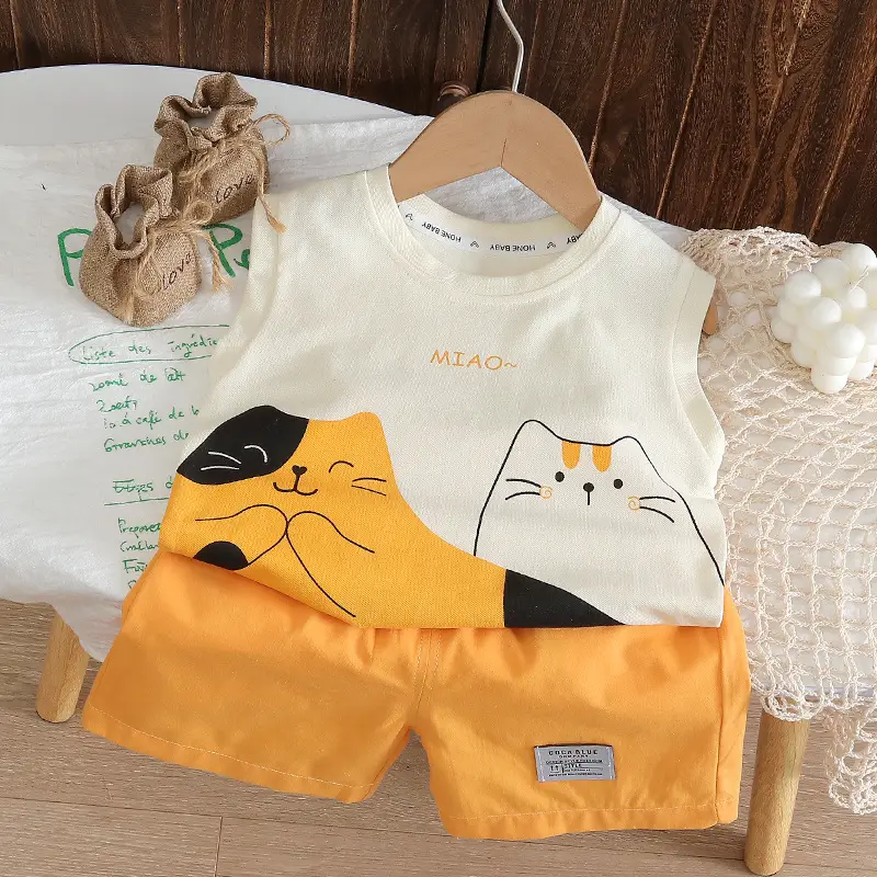 Children's Cat Print Vest Suit Cotton Summer White Orange — feature 1