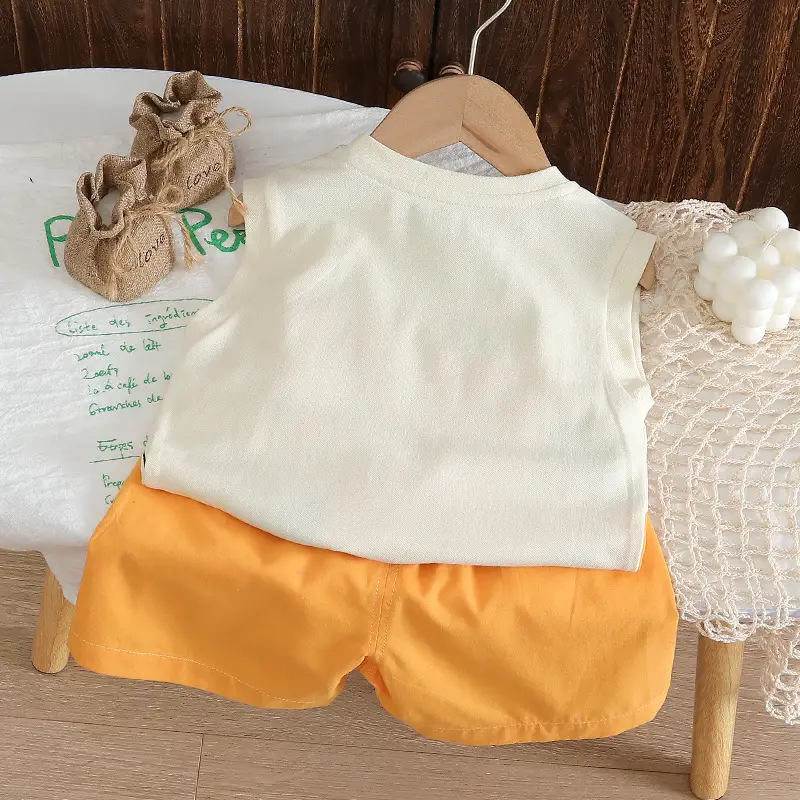 Children's Cat Print Vest Suit Cotton Summer White Orange — feature 2
