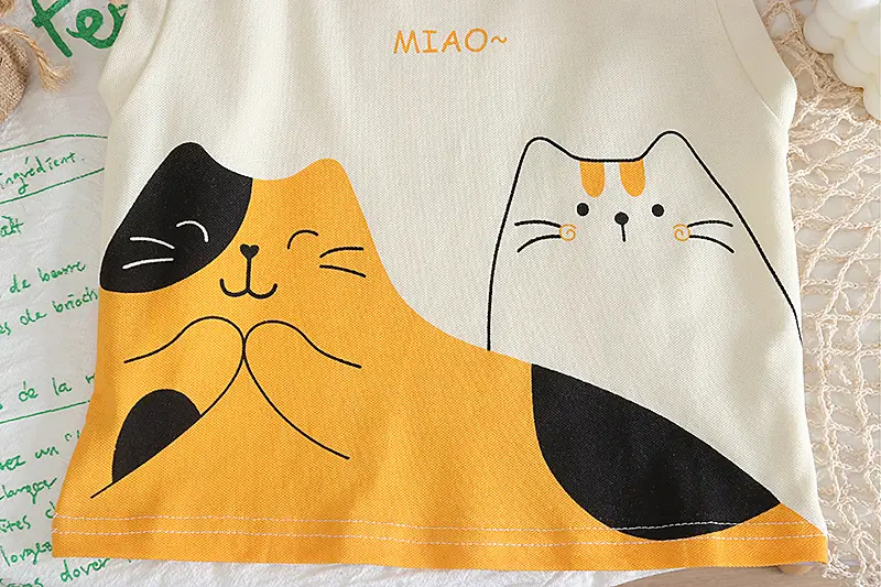 Children's Cat Print Vest Suit Cotton Summer White Orange — feature 8