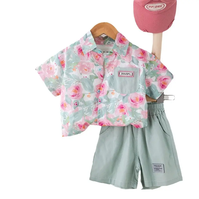 Children Cotton Floral Short Sleeve Suit Green - Image 7