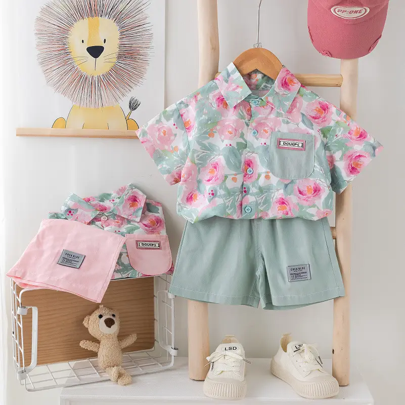 Children Cotton Floral Short Sleeve Suit Green — feature 1