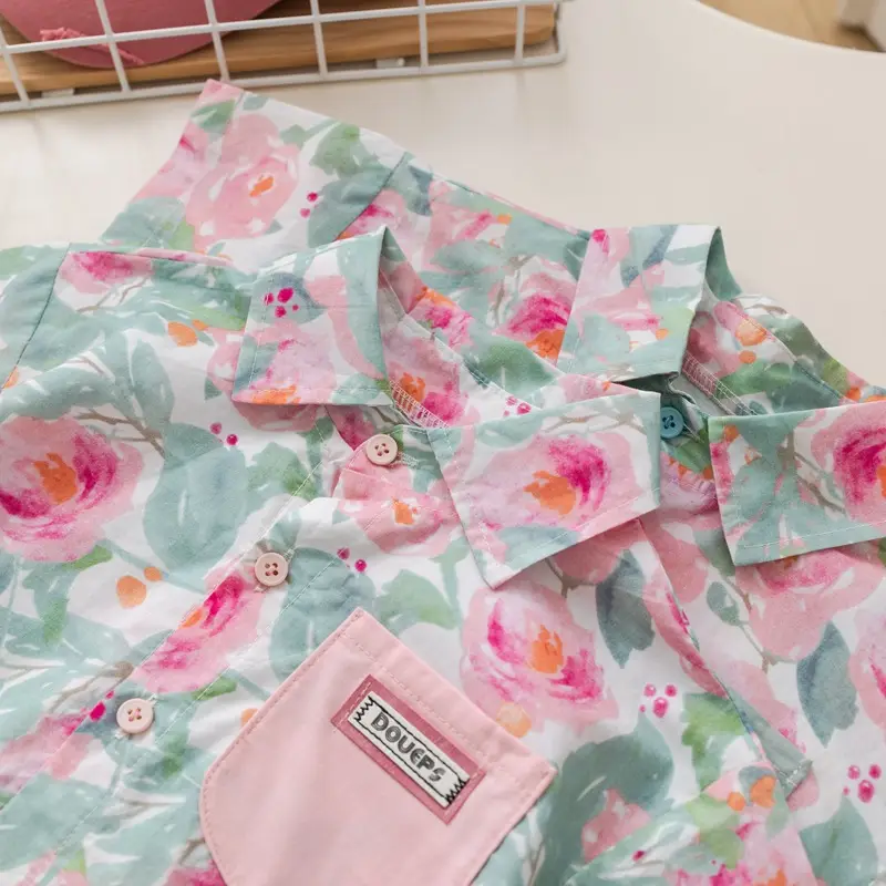 Children Cotton Floral Short Sleeve Suit Green — feature 10