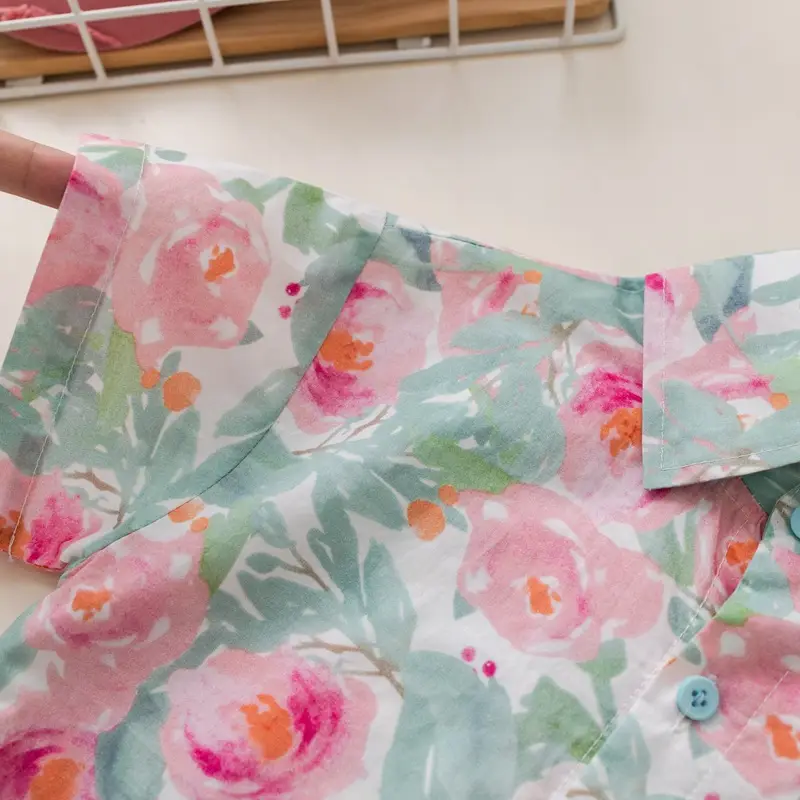 Children Cotton Floral Short Sleeve Suit Green — feature 13