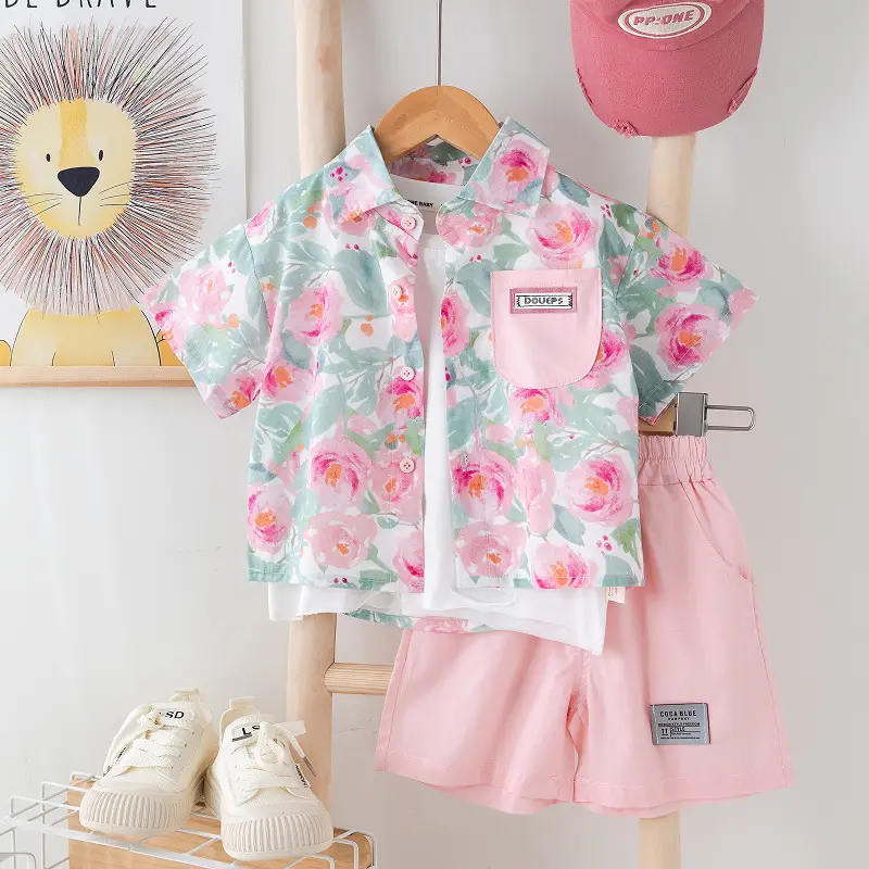 Children Cotton Floral Short Sleeve Suit Green — feature 2