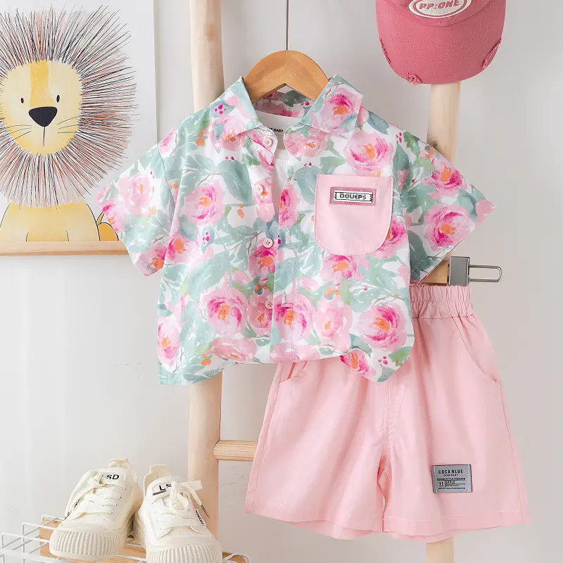 Children Cotton Floral Short Sleeve Suit Green — feature 3