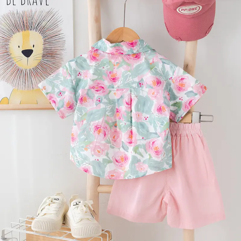 Children Cotton Floral Short Sleeve Suit Green — feature 4