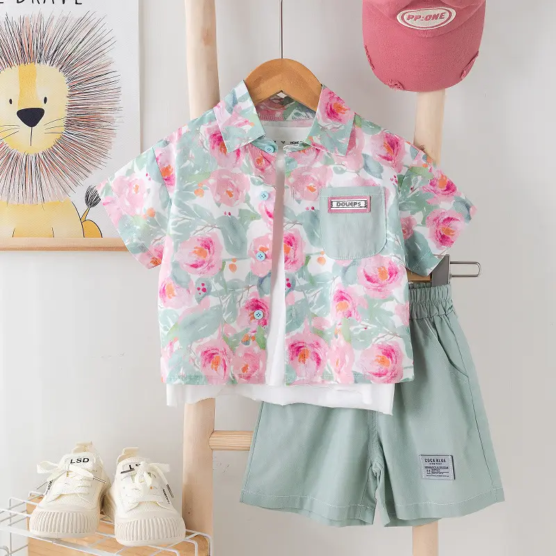 Children Cotton Floral Short Sleeve Suit Green — feature 5