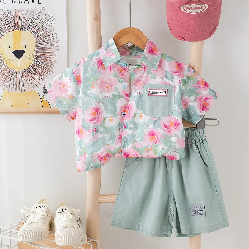 Children Cotton Floral Short Sleeve Suit Green — feature 6