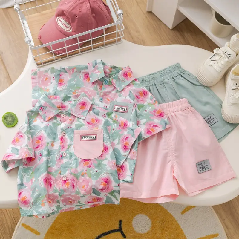 Children Cotton Floral Short Sleeve Suit Green — feature 7